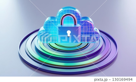 futuristic digital cloud security lock icon interconnected with layered circular platform over a gradient background representing data protection and cloud computing technology 130169494