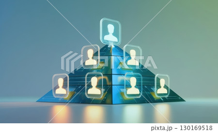 Digital Network Connectivity Concept Showing Multiple Human Profile Icons Connected in a Hierarchical Structure on a Virtual Blue Platform with Data Lines 130169518
