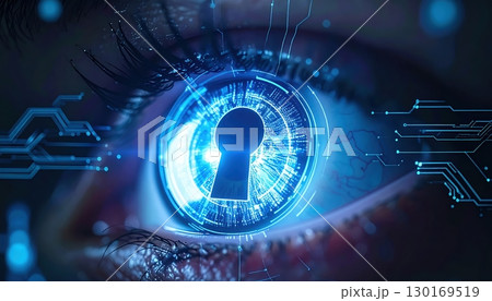 Close-up of human eye with digital lock icon and futuristic cybersecurity technology representing privacy protection and data security concepts 130169519