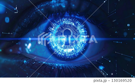 Close-up of a human eye with a digital glowing keyhole symbol in the iris representing cybersecurity protection and digital security concepts 130169520
