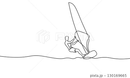 One line windsurfer illustration. Continuous drawing water sport sailing extreme activity. Adventure tourism travel recreation. Minimalist style white background vector 130169665