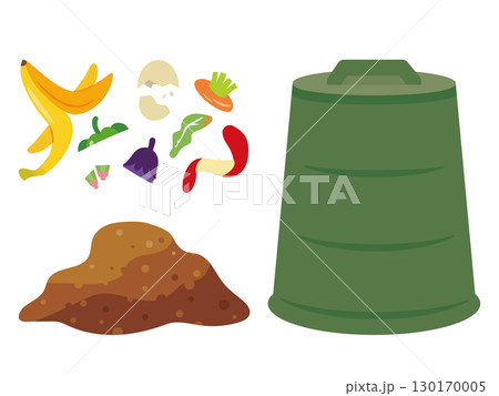 コンポスト容器と生ごみと堆肥のイラスト 130170005
