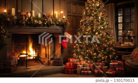 cozy christmas fireplace and decorated tree 130170013
