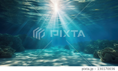 underwater scene sunbeams coral reef ocean 130170036