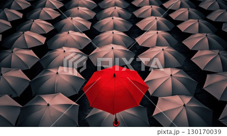 one red umbrella among many black umbrellas one red umbrella among many black umbrellas 130170039
