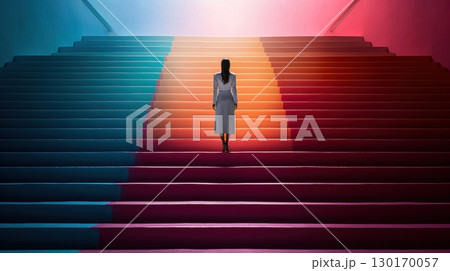 woman standing on colorful staircase 130170057
