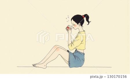 座ってグラスを持つ女性 130170156
