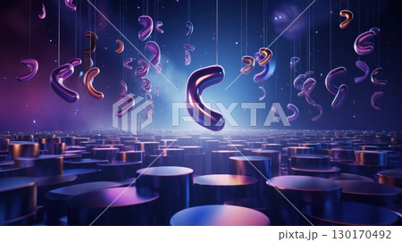 abstract 3d render of purple and gold curved shapes hanging over 130170492