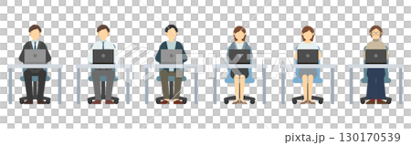 Flat illustration: Men and women in suits working on computers (front) Flat illustration: Men and women in suits working on computers (front) 130170539