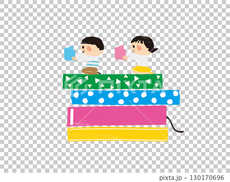 孩子在橫向閱讀一本大書 孩子在橫向閱讀一本大書 130170696