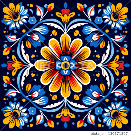 Mexican ceramic tile set with floral and geometric decorative blue red and yellow pattern 130171397