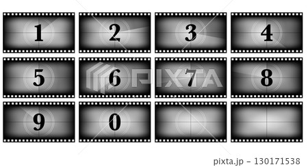 Movie countdown timer background set in 16x9 format. Vintage filmstrip numbers with retro frame design. Classic cinema screen intro animation for video presentation or motion picture project 130171538