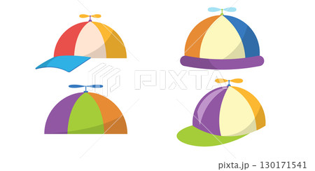 Collection of vibrant propeller cap icons set vector illustration playful hat assortment colorful whimsical styles fun headwear isolated design graphic element childhood accessory background 130171541