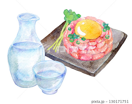 水彩イラスト　冷酒とユッケ 130171751