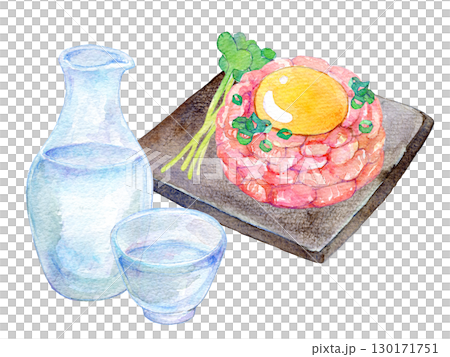 Watercolor illustration: Cold sake and Yukhoe 130171751