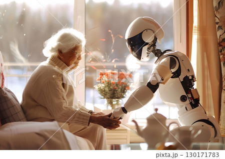 Illustration of a friendly robot assisting an elderly person in a cozy home environment with warm natural light. Great for lifestyle and robotics applications. 130171783