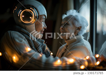 Illustration of a friendly robot assisting an elderly person in a cozy home environment with warm natural light. Great for lifestyle and robotics applications. 130171785