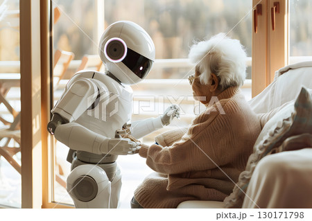 Illustration of a friendly robot assisting an elderly person in a cozy home environment with warm natural light. Great for lifestyle and robotics applications. Illustration of a friendly robot assisting an elderly person in a cozy home environment with warm natural light. Great for lifestyle and robotics applications. 130171798