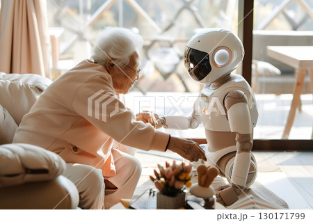 Illustration of a friendly robot assisting an elderly person in a cozy home environment with warm natural light. Great for lifestyle and robotics applications. Illustration of a friendly robot assisting an elderly person in a cozy home environment with warm natural light. Great for lifestyle and robotics applications. 130171799