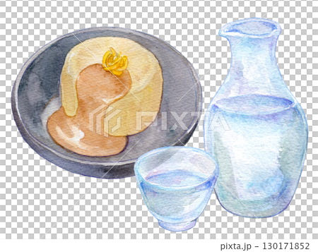 水彩插圖：蒸蘿蔔和冷酒 130171852