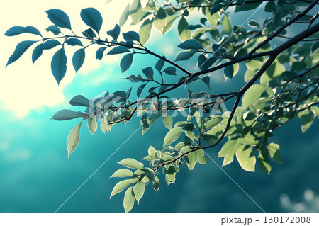 Nature inspired background with blurred green leaves and sunlight bokeh. Perfect for eco, wellness, and organic themes. 130172008