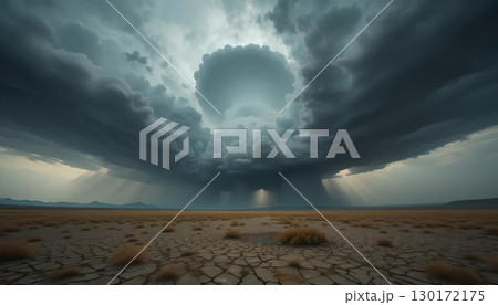 A dramatic storm gathers over a cracked and arid desert. 130172175