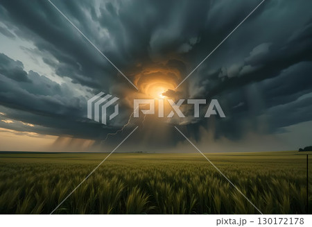 Supercell Storm Over a Golden Wheat Field with Lightning 130172178