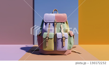 Colorful backpack on pastel background looks fun and inviting, perfect for stylish adventure, it makes me want to travel 130172232