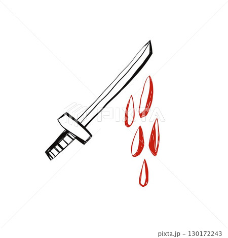 Hand drawn knife with dripping blood in doodle sketch style for halloween horror scary stories gothic design and spooky decoration projects 130172243