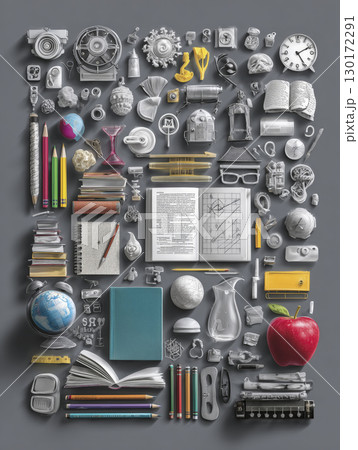 Creative collage of education icons and tool creates sense of knowledge and eagerness to learn from books and equipment 130172291