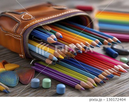 Vibrant colored pencils spilling from brown case onto wooden desk, filling scene with joyful, creative energy 130172404