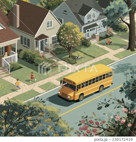 Yellow school bus gleefully picking up children in idyllic suburban neighborhood on sunny day, everyone feel happy 130172419
