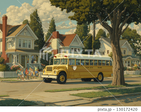 School bus picks up children, creating happy, excited atmosphere in peaceful suburban neighborhood setting, cheerful scene 130172420