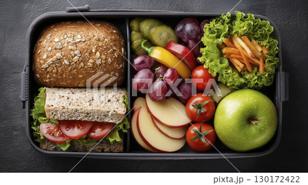 Nutritious school lunchbox containing healthy food makes people feel happy and satisfied 130172422