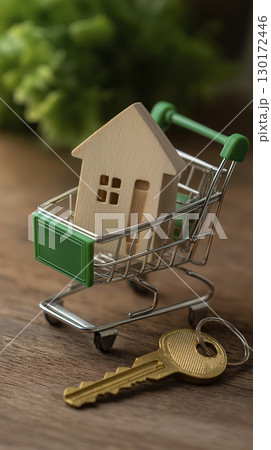 Small wooden house model placed inside miniature shopping cart with key nearby, symbolizing home ownership or real estate investment, on wooden surface with blurred green background 130172446
