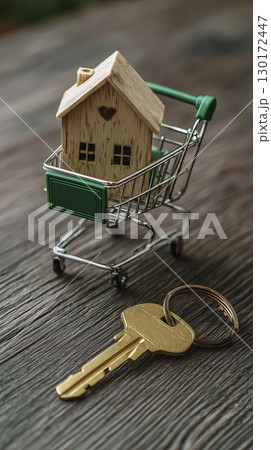 Small wooden house model placed inside miniature shopping cart with gold key and ring on wooden surface, symbolizing home ownership or real estate shopping with warm, cozy feeling 130172447