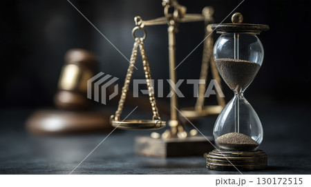 Image features close up of vintage style hourglass with sand inside, set of brass scales of justice, and wooden gavel in background, symbolizing law, time, and justice 130172515
