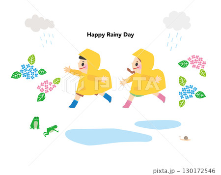 雨の日にレインコートを着ている子供達と紫陽花のイラスト 130172546
