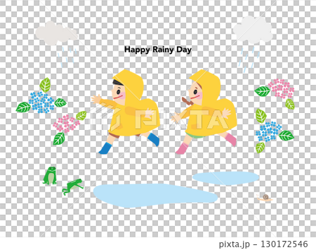 Illustration of children wearing raincoats on a rainy day and hydrangeas Illustration of children wearing raincoats on a rainy day and hydrangeas 130172546