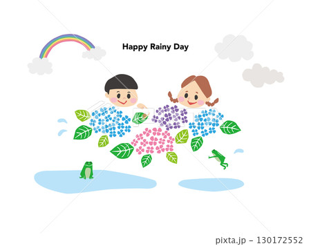 梅雨の日に紫陽花を見る子供たちのイラスト 130172552