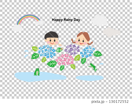 孩子們在下雨天欣賞繡球花的插圖 孩子們在下雨天欣賞繡球花的插圖 130172552