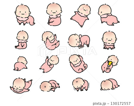 ベビー服を着た赤ちゃんの表情セット ベビー服を着た赤ちゃんの表情セット 130172557