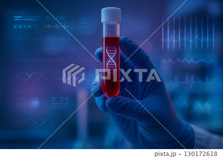 AI generated ultra realistic image of a scientist hand holding test tube with glowing DNA and digital medical data background symbolizing genetics research and biotechnology innovation 130172618