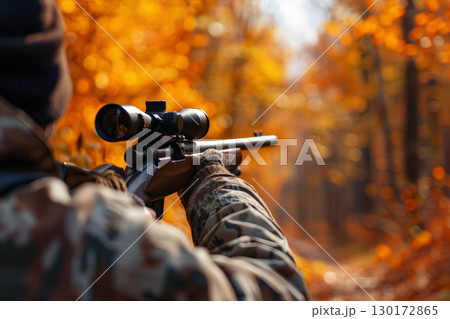 hunter with a gun in the forest, . Generative AI 130172865