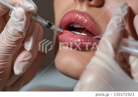 A woman is receiving a Botox injection on her lips with hyaluronic acid filler. 130172921