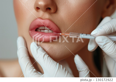 A woman is receiving a Botox injection on her lips with hyaluronic acid filler. 130172922