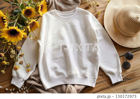 blank white Gildan 18000 sweater flat lay mockup in summer vocation. Generative AI 130172973