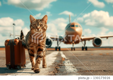 Holiday vacation cat waiting in airport terminal ready to board the aero plane. Generative AI 130173016