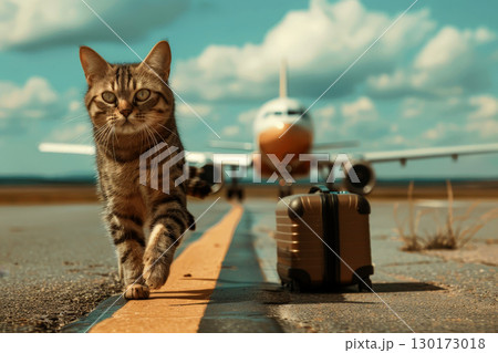 Holiday vacation cat waiting in airport terminal ready to board the aero plane. Generative AI Holiday vacation cat waiting in airport terminal ready to board the aero plane. Generative AI 130173018