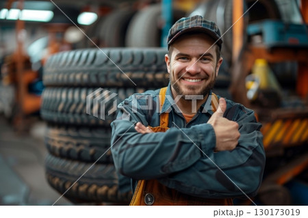Auto mechanic , a man thumbs up and holding a car tire. created with Generative AI technology. Auto mechanic , a man thumbs up and holding a car tire. created with Generative AI technology. 130173019